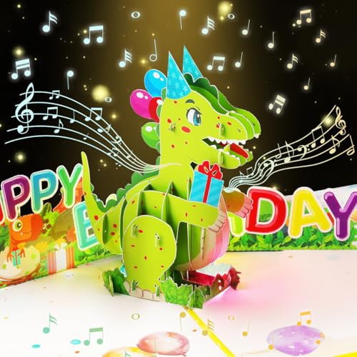 CNLITIHEKA Carte d'anniversaire musicale en forme de dinosaure, cartes d'anniversaire pop-up avec enveloppe, cartes de vœux d'anniversaire 3D pour votre fils, fille, neveu, nièce.