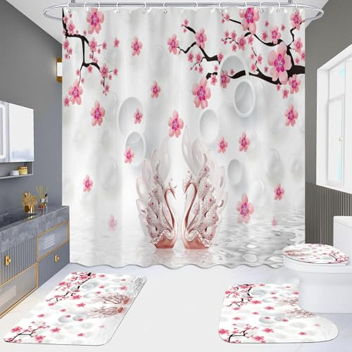 Duschvorhang Rosa Blumen Tiere Badezimmermatte Verdickung Bad Teppiche Set, Duschvorhang Stoff+Bath Mat rutschfeste(50x80cm)+U-Typ Fußmatte Wasseraufnahme+Toilette Badmatte