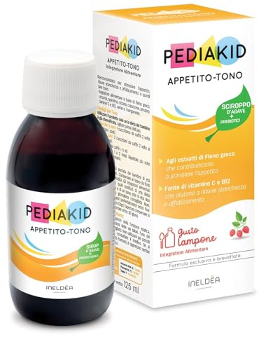 PEDIAKID - Appetito-Tono - Integratore alimentare - Formula esclusiva al sciroppo d'Agave - Stimola l’appetito - Aiuta ad assumere peso - Gusto lampone - Flacone 125 ml