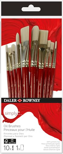 Daler-Rowney Simply Oil Brush Set in Zip Case, 10 x Assorted White Bristle Hair Brushes, Short Handle, For Entry-Level Artists & Hobbyists