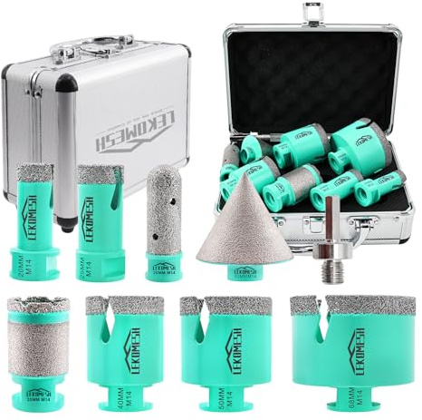 LEKOMESH Brocas Coronas para Porcelanico-9piezas (20/25/40/50/68mm+35mmBarras de afilar+20mm Broca de dedo+50mm Broca Fresado Chaflán+Adaptador) Para Baldosas Cerámicas, Mármol, Hormigón,Roscas M14