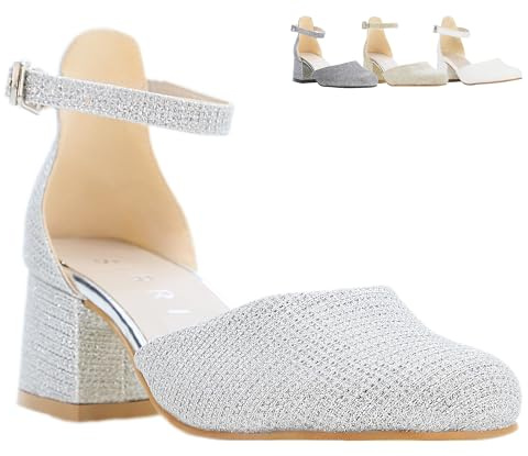 Girls' Silver Ankle Strap Block Heel Shoes - Ideal for Weddings, Parties, and Formal Events Size UK Youth 3