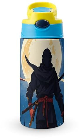 Moonlight Watercolor Style Ninja Stainless Steel Water Bottles Reusable Travel Water Cup with Handle Silicone Straw Drinking Cup with Leak Proof Lid Thermo Travel Mug for Cold Hot Drinks, Sports