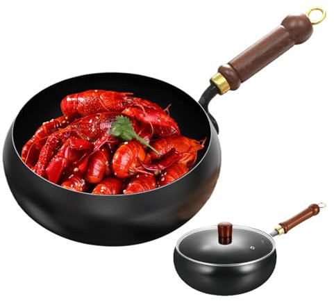 Wok cinese in ghisa fatto a mano, padella in ferro con coperchio e manico in legno, pentole a induzione a fondo, senza rivestimento, per cuocere stufati e friggere