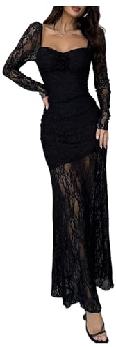GORGLITTER Women's Lace Long Sleeve Prom Cocktail Birthday Dresses Gothic Y2K Fall Formal Dinner Goth Party Maxi Dress Black Medium