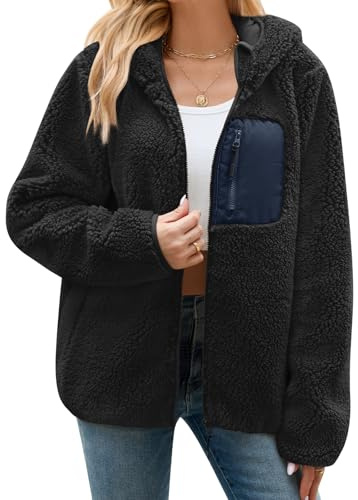 Tuopuda Womens Zip up Hoodies Ladies Teddy Fleece Sweatshirt Hooded Warm Casual Jackets with Pockets for Spring Fall Winter(Black,L)