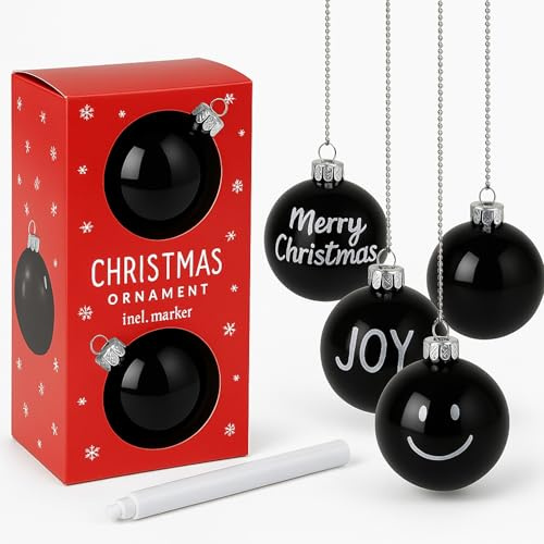 MIJOMA Set di 6 palline di Natale di colore nero, Ø 6 cm, con 3 pennarelli bianchi, decorazioni personalizzabili in plastica per scrivere, decorazioni fai da te per Natale