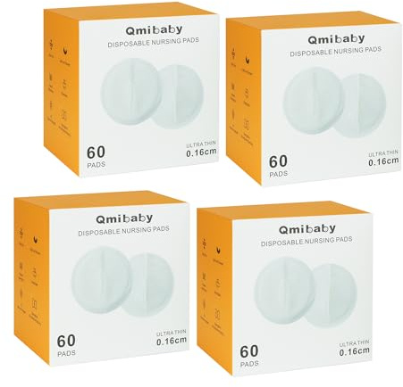 Qmibaby Disposable Nursing Pads, 6-Layer Super Absorbent Breathable Breastfeeding Pads, Ultra-Thin 3D Contour, Leakproof & Hypoallergenic, Individually Wrapped (60 Count) (240 Count)