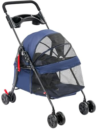 Carrito para mascotas con 4 ruedas, carrito plegable para perros y gatos, capacidad de carga de 40 libras, para perros y gatos pequeños y medianos (azul marino)