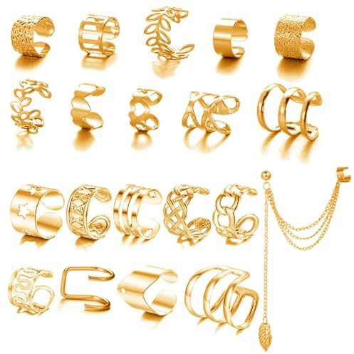 YUBBYSTU 20Pcs Adjustable Ear Cuffs for Non Piercing Ear Cuff Set Cartilage Clip On Wrap Earring Set Star Chain Twist Helix Leaf Wrap Set For Women Girls/Gold