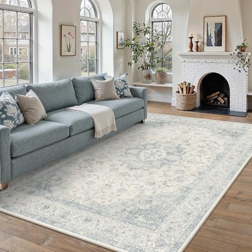 PureCozy Vintagematta, vardagsrum, 200 x 300 cm, tvättbar, vardagsrumsmatta, halkfri, kort lugg, mjuk, stor retromatta för sovrum, matsal, sovrum, vardagsrum, kontor, blå