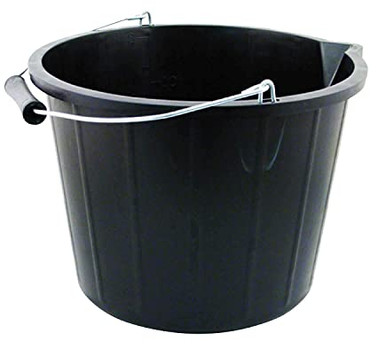 Black Builders Bucket - 14 Liters / 3 Gallon Water Storage Heavy Duty Plastic Bucket Metal Handle & Pouring Spout - Ideal For Home, Garden, and Other Work