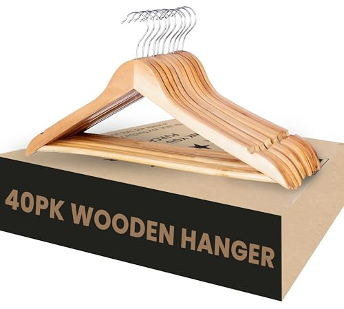 Aspect Wooden Hangers, 40 Pack Strong 360° Rotatory Hook & Smooth Finish Natural Strong Brown Wooden Coat Hangers with Non Slip Pants Bar for Wardrobe Space Saver, Precisely Cut Notches for Clothes