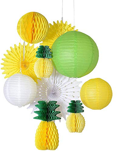 ANCLLO Summer Party Honeycomb Pineapple Ball Sets Tropical Hawaiian Party Festival Paper Lantern Paper Fan Decoration