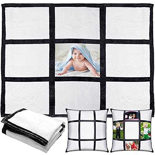 Peryiter 1 Pack Sublimation Blanket Blanks 60x50 Flannel Throw Blankets for Heat Press and 2 Pcs Blank Pillow Cases Personalized Custom Photo Blanket with 9 Printable Panels Blankets Pillow Cover