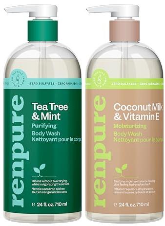 Renpure LLC Tea Tree Mint Oil & Coconut Vitamin E, Sulfate Free Moisturizing Body Wash For Dry Sensitive Skin, Antibacterial Body & Hand Soap For Men Women Kids & Toddlers, White, 24 Oz