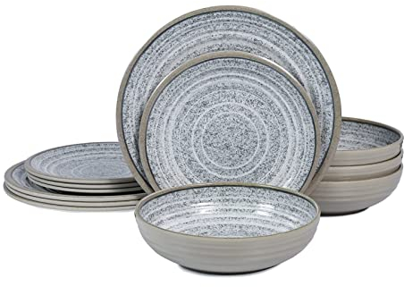 Service de table 12 pièces en mélamine - Service pour 4 assiettes et bols - Passe au lave-vaisselle - Sans BPA - Pour un usage quotidien