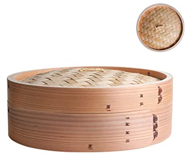 PIAOLING Cesta de Vapor de bambú de 2 Niveles con Tapa, cestas de Vapor orgánicas Hechas a Mano, vaporeras de Comida China cocer al Vapor Dim Sum albóndigas Bollos Verduras Pescado arroz