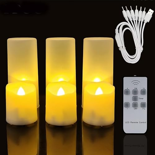 HoneTeek Lot de 6 bougies chauffe-plat LED à piles rechargeables avec télécommande, bougies chauffe-plat réalistes sans flamme vacillantes, bougies électroniques à piles pour Noël, décoration