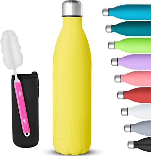 GeeRic Bottiglia Termica 750ML Opaco Borraccia in Acciaio Inox+Spazzola+Borsa Portatile Bottiglia d'Acqua Sportiva Tenere 12H Caldo/24 Freddo Borraccia Termica per Campeggio,Scuola,Sport Giallo