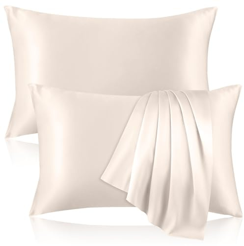 Örngott i 100% ren siden för hår och hud, båda sidor i mullbärssilke med dold dragkedja, svalkande örngott 19 momme, 600 trådar sidenörngott, 2-pack, standardstorlek, beige