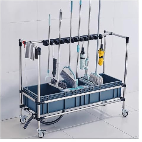 GOCHUSX Besen- Und Mopphalter, Beweglicher Reinigungswagen, Moppständer Aus Edelstahl, Sackkarren-Besen, Reinigungswerkzeug-Organizer Für Den Hausgarten (Farbe : Silver, Größe : 107x47x103cm)