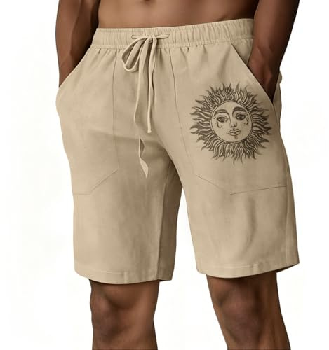 Puimentiua Pantalones cortos casuales de lino para hombre, ligeros, cintura elástica, pantalones cortos de playa para verano
