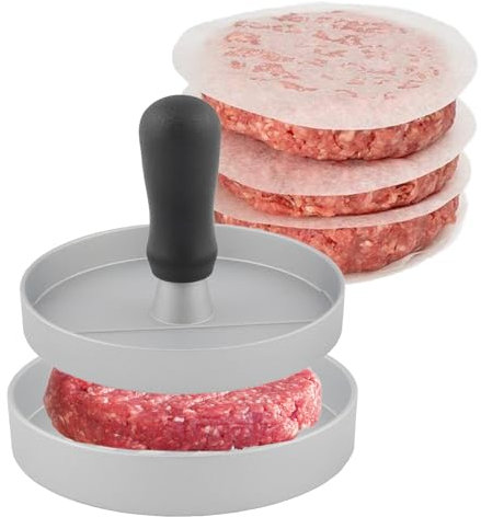 MoMoxi Aluminum Burger Press Patty Maker with 200 Non-Stick Papers - Commercial & Home Use, Hamburger Meat Press Tool, Dishwasher Safe (Silvery)