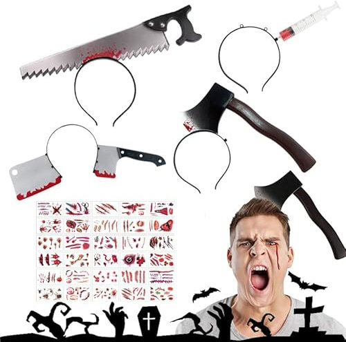 4 Pezzi di Fascia Horror per Halloween, dotate di 30 Pezzi di Adesivi Tatuaggio di Cicatrici, con Design Realistico di Coltello e Machete – Ideali per Feste di Halloween, per Bambini e Adulti.
