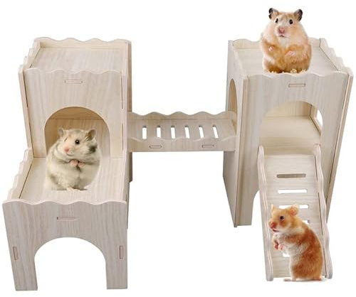 Casa de hámster de madera, cerrojo grande para cobayas, casa con rampa, 4 entradas, accesorios para hámsters, 2 niveles con escalera, plataforma de escalada, 39,5 x 31 x 13 cm
