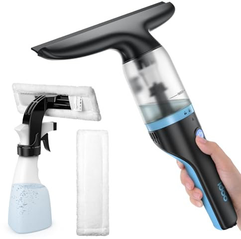 iDOO Window Vac, Window Vacuum Cleaner Cordless, Battery Running Time: 40 min, Suction Nozzle: 280 mm, 360ml Spray Bottle, Microfibre Cloth x2, Suitable for Windows, Tiles, Mirrors, Window Washer