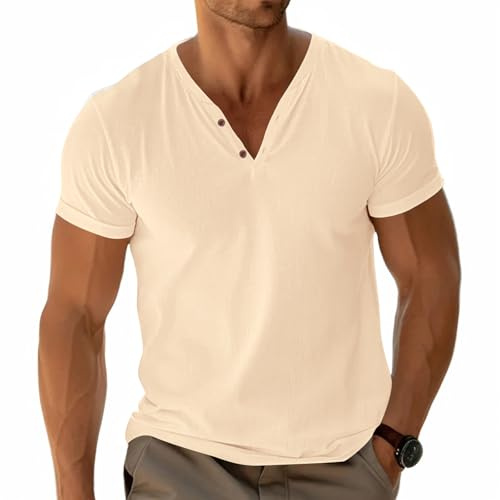 Uomo Henley Maglietta di Base Tee Manica Corta Tops Casual Camicia in Cotone Bottone Collo a V Morbido Stretch Cachi M