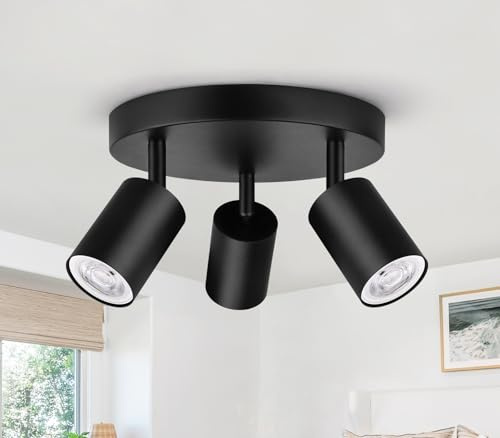 GeyouLux Lámpara de Techo Negro 3 Focos, Moderno Plafón Foco de Techo LED Ajustables y Giratorios, GU10 Aplique Techo para Interior, Plafones de Techo Redondo para Salon, Dormitorio (Sin Bombilla)
