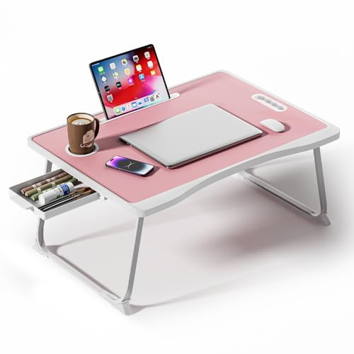 Warmiehomy Laptop Stand Table with Legs, Portable Laptop Bed Table, Foldable Laptop Desk with Cup Holder&Side Drawer, Lap top Bed Tray with Handle for Working/Reading on Sofa, Pink