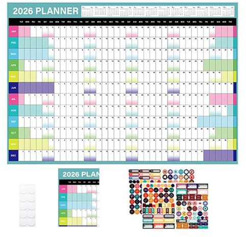 Calendario 2026 - Planificador anual 2026, póster de pared con 365 días, planificador grande para citas, cumpleaños, plazos, planificación de comidas, seguimiento de viajes