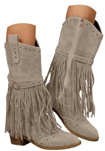 Xbemkste damstövlar, med klack, dragkedja, eleganta fransstövlar, medelhöga cowboystövlar, västerländska stövlar, halvskaft, damstövlar, långa stövlar för höst, vinter