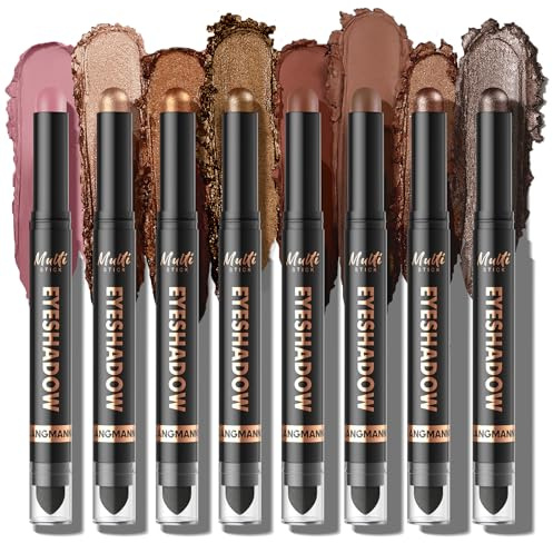Set de 8 sombras de ojos en barra de doble punta, marrón nude metalizado brillante, lápiz iluminador mate, pincel difuminador incorporado, resistente al agua, maquillaje de ojos de larga duración (#B)