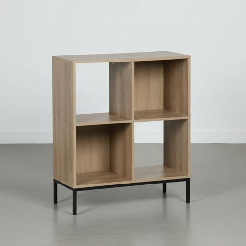 INDE MOBLEKIT | Estantería Cubo 4 Compartimentos 60×29×72 cm, Estantería de Madera con Patas Metálicas, Mueble de Almacenaje para Libros y Decoración, Librería Auxiliar Moderna para Hogar u Oficina