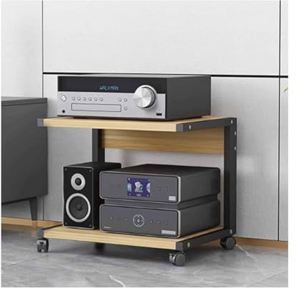 Modernt HIFI-ljudställ i 2 nivåer med hjul, trä, AV-mediastativ för stereo och spelkonsoler snygg underhållningshylla, naturlig finish (50 x 40 x 40 cm)