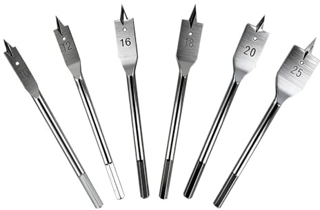 6 PCS Brocas Madera Juego de Brocas de Pala Brocas Planas con Vástago Hexagonal de 1/4 Ø 10 12 16 18 20 25mm Acero al Carbono Durable para Maderas Duras y Blandas