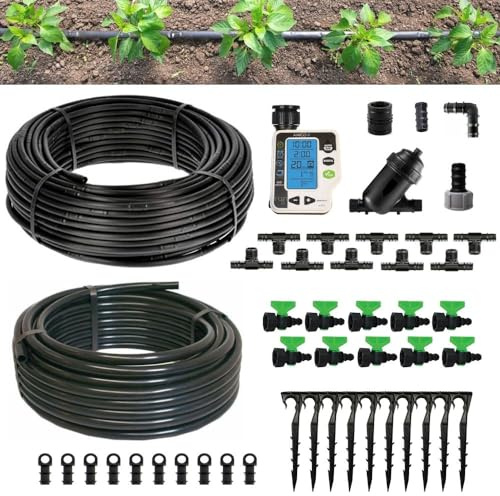 Kit Irrigazione orto automatico con centralina Amico+ Ala Gocciolante 100 Mq Distanza Goccia ogni 20 Cm Impianto Completo raccordi e Filtro Per Giardino