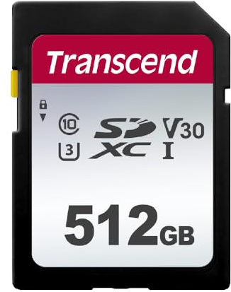 Transcend 512GB SDXC Speicherkarte 300S, UHS-I U3, V30, bis zu 100 MB/s Lesen, für Digitalkameras & 4K Video, Frustfreie Verpackung - TS512GSDC300S-E