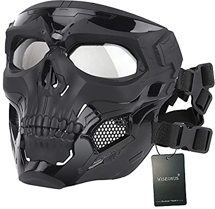 Airsoft Mask Tactical Paintball Skull Mask Eye Protective Gear Full Face Mask for Halloween Hunting CS Wargame (Black)