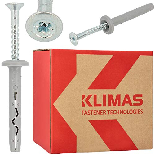 KLIMAS Schnellmontage Schlagdübel mit Kragen & Senkkopfschrauben 6,0 x 40 mm 200 Stück | Nageldübel Porenbeton Dübel Einschlagdübel Nagelanker Kunststoffdübel Langschaftdübel Set