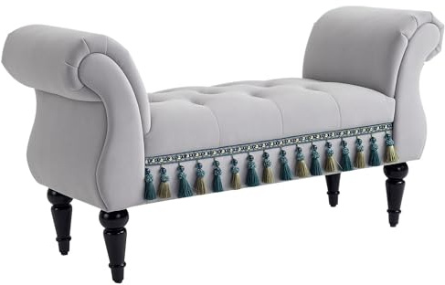 HOMCOM Banc Banquette capitonnée Velours Bout de lit avec accoudoirs Pieds Bois hévéa Gris 40P x 117l x 58H cm