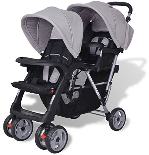 Passeggino Gemellare a Tandem, con tettoie anteriori e posteriori, ruote girevoli 360° e bloccabili, cestino ampio, acciaio e tessuto Oxford, 122,5 x 53,5 x 111 cm, per bambini da 6 a 36 mesi
