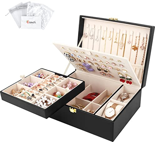 Jewellery Box Organiser for Necklaces Earrings Bracelets Rings Watches, 2 layer Large PU Leather Travel Jewelry Storage Case with Removable Tray and Large Stud Plate, Black