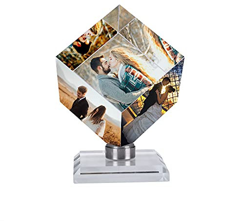 Personalised Cube Crystal Photo Frame Laser Engraved Printing Custom Your Picture on Glass Acrylic Block with Base 3D Photo Lithograph Print Birthday Wedding Mother's Father's Day Memorial Gift