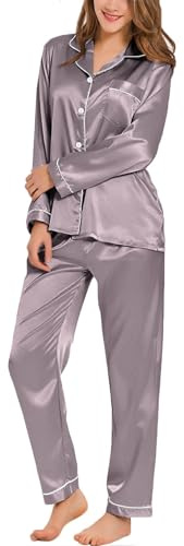 SWOMOG Ensemble de pyjamas satin pour femme avec boutons, manches longues, vêtements de nuit, ensemble de pyjamas, deux pièces, vêtements de nuit, vêtements de maison PJs, marron, XS