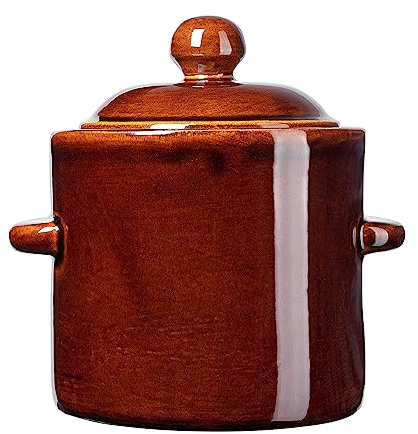 KADAX 1,8L Steinzeugtopf, Dichter Keramiktopf mit Deckel, Spülmaschinenfester Steinguttopf, handgefertigter Gärtopf aus Keramik, Einlegtopf für Gurken und Sauerkraut (Braun)